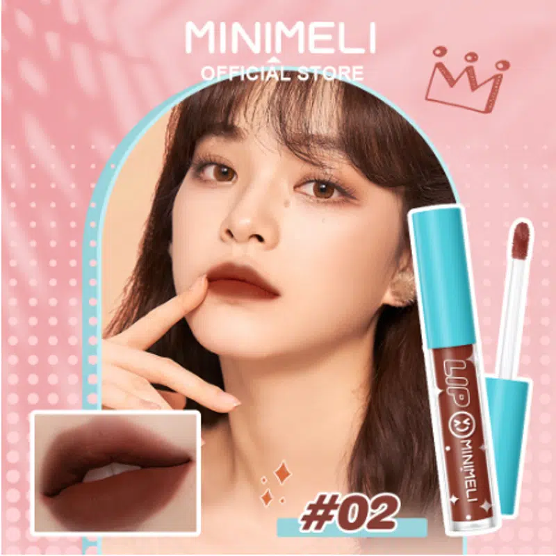 Minimeli M201 soft matte liquid lipstick, standing upright, clear tube with terracotta shade.