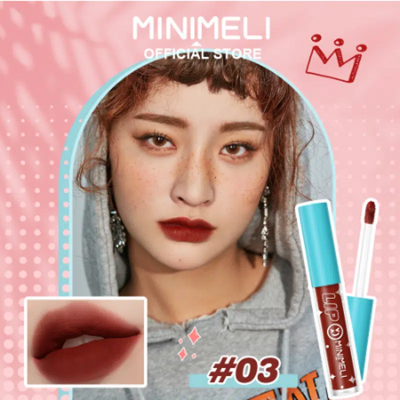 Minimeli M301 soft matte liquid lipstick, sleek clear tube with black label and gold cap.