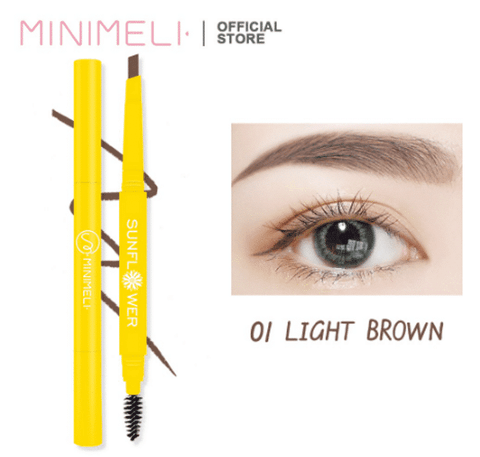 Two Minimeli 01 Light Brown waterproof eyebrow pencils, sleek black packaging, with spoolie brush.