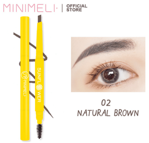Minimeli Waterproof Eyebrow Pencil 02 Natural Brown with brown barrel and white branding.
