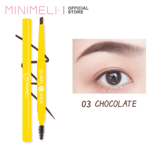 Minimeli Waterproof Eyebrow Pencil 03 Chocolate, showing retractable rich brown tip and spoolie brush.