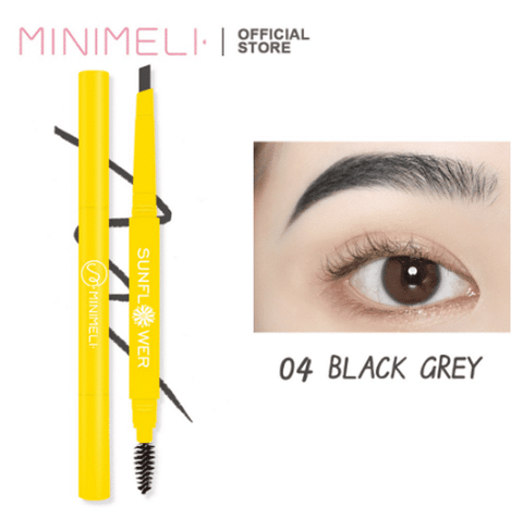 Minimeli waterproof eyebrow pencils in black grey and soft beige, featuring precise angled tips.