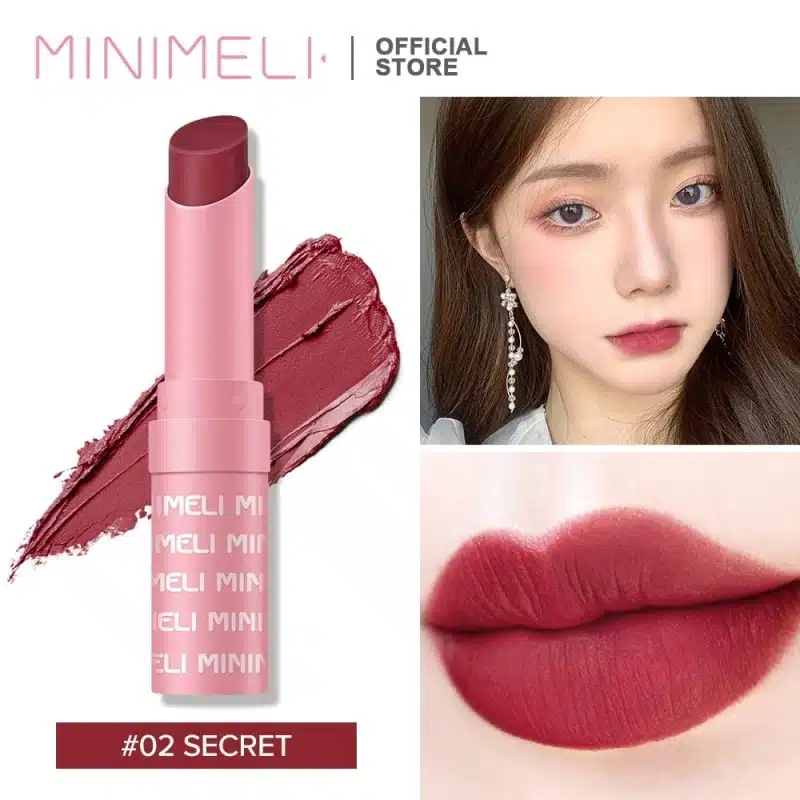 Minimeli Waterproof Matte Lipstick 02 in elegant black packaging, standing upright on a reflective surface. - thumbnail