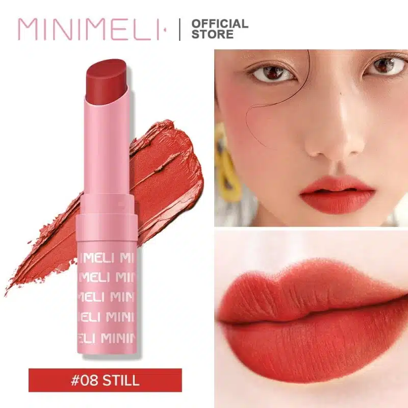 Minimeli Waterproof Matte Lipstick 08, sleek black tube with gold accents, standing upright. - thumbnail