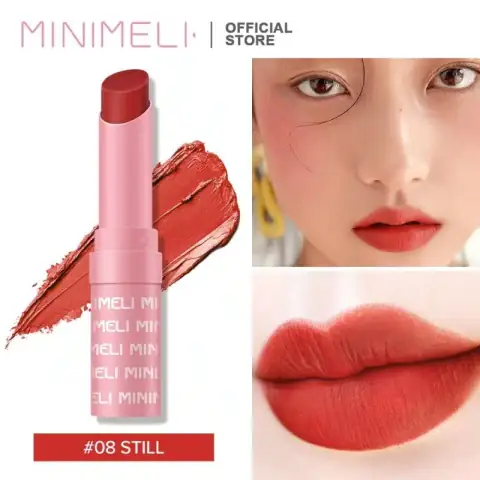 Minimeli Waterproof Matte Lipstick 08, sleek black tube with gold accents, standing upright.