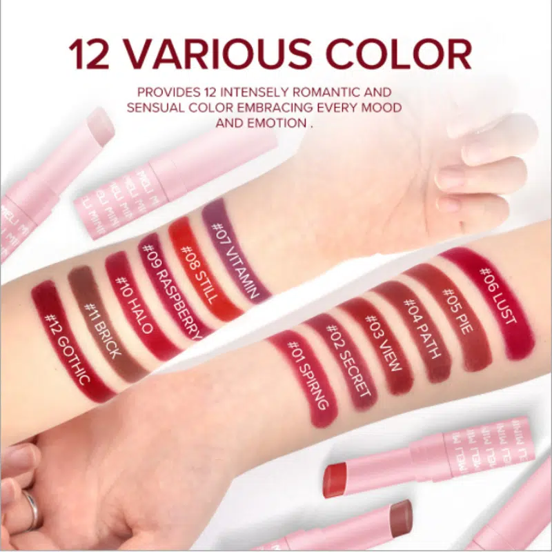 Two Minimeli Matte Lipsticks; one open showing reddish-brown shade 08 bullet, one closed. - thumbnail