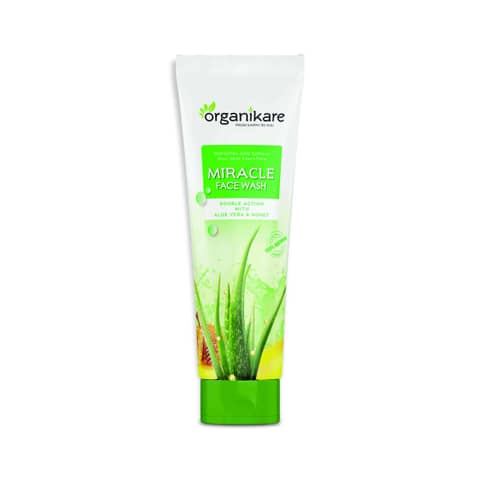 Organikare Miracle Facewash tube, white with green cap, displayed frontally on a clean background.