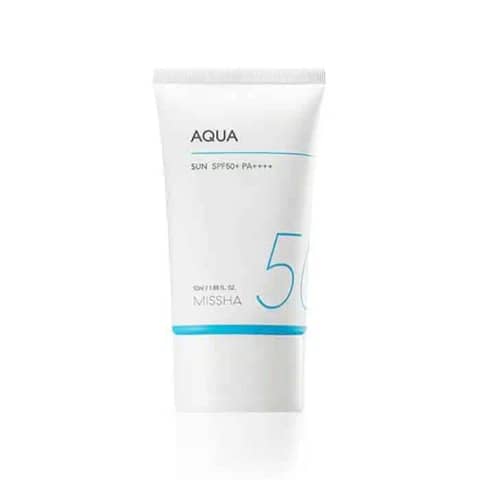 Missha Aqua Sunscreen SPF50+ PA++++ 50ml product tube, white with metallic silver cap.
