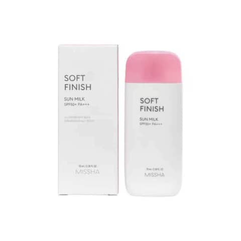 Frontal view of the Missha Soft Finish Sun Milk SPF50+ sunscreen bottle, light pink with white cap.