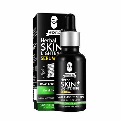 Full view of Muuchstac Herbal Skin Lightening Serum 30ML bottle with dropper on white background.
