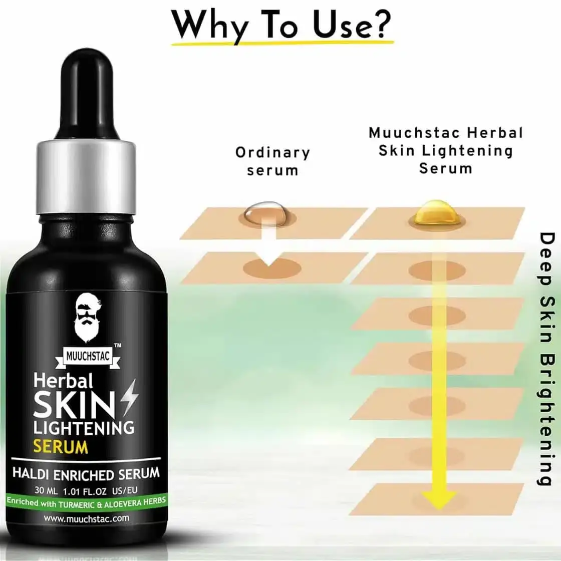 Two Muuchstac Herbal Skin Lightening Serum bottles, one standing, one lying, showing packaging details. - thumbnail