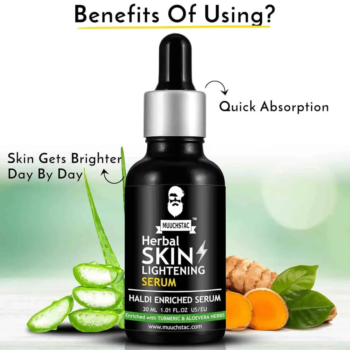 Hand dispensing a clear drop of Muuchstac Herbal Skin Lightening Serum onto skin. - thumbnail