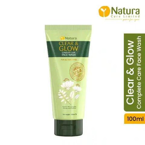 Natura Clear & Glow complete care face wash 100ml white tube, green-pink label.