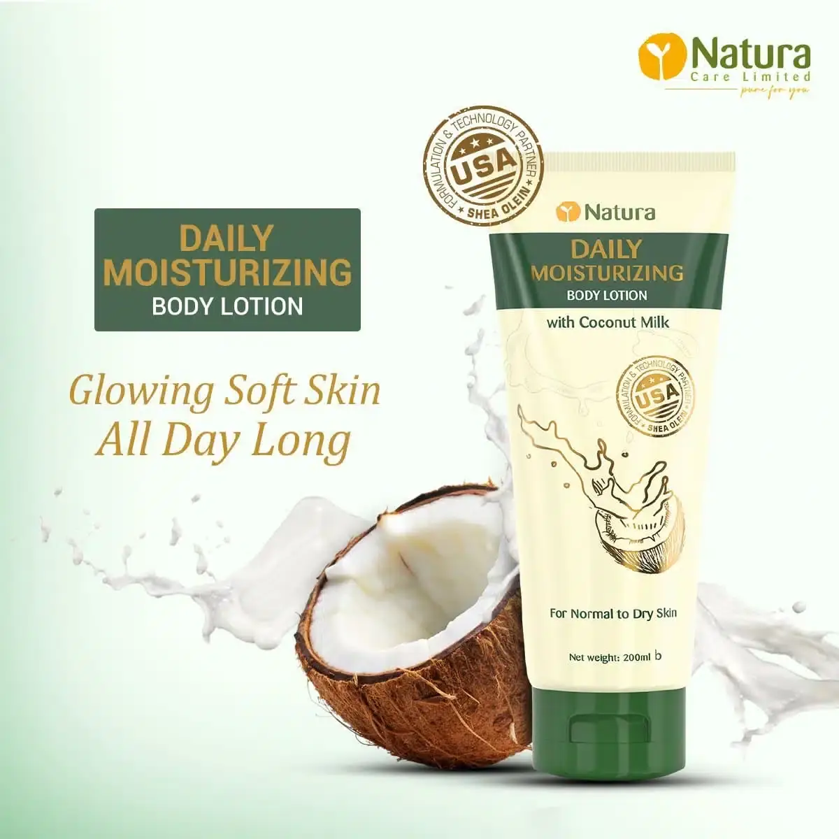 Natura Daily Moisturizing body lotion bottle lying down, showcasing its side and back label details. - thumbnail