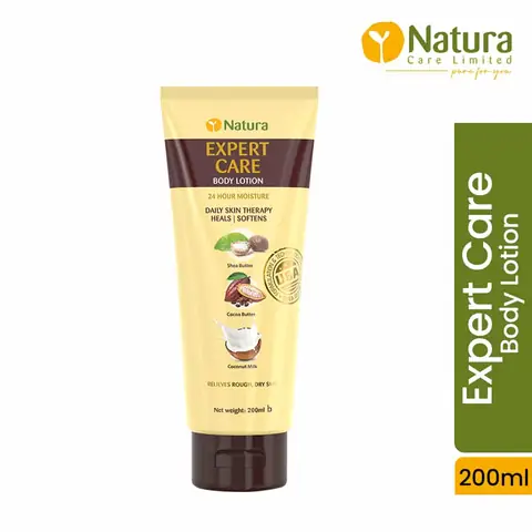 Natura Expert Care white body lotion bottle with green flip cap, 200ml, angled right.