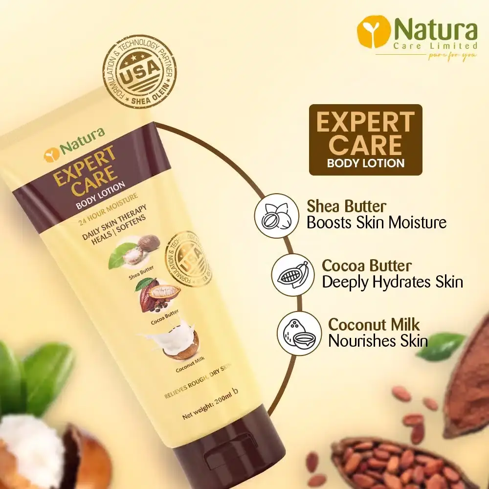 Natura Expert Care body lotion bottle beside a dollop of creamy white lotion, showing texture. - thumbnail