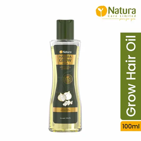 Natura Grow 100ml hair oil bottle, green with a distinct white label, standing upright.