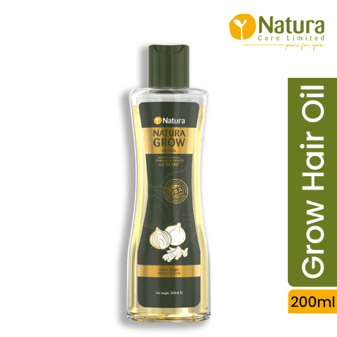 Natura Grow Hair Oil 200ml bottle, clear packaging with vibrant green liquid, front view.