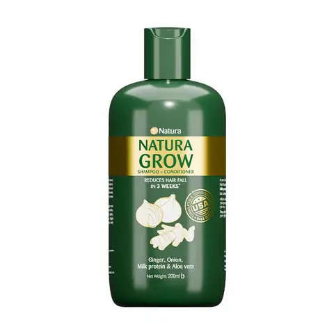 Natura Grow Shampoo + Conditioner 200ml in a vibrant green bottle, standing upright.