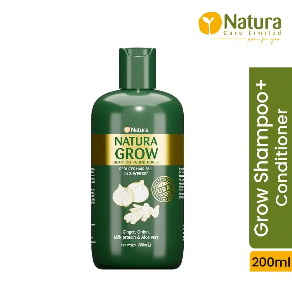 Two Natura Grow Shampoo + Conditioner 200ml green bottles, staggered on a white surface. - thumbnail