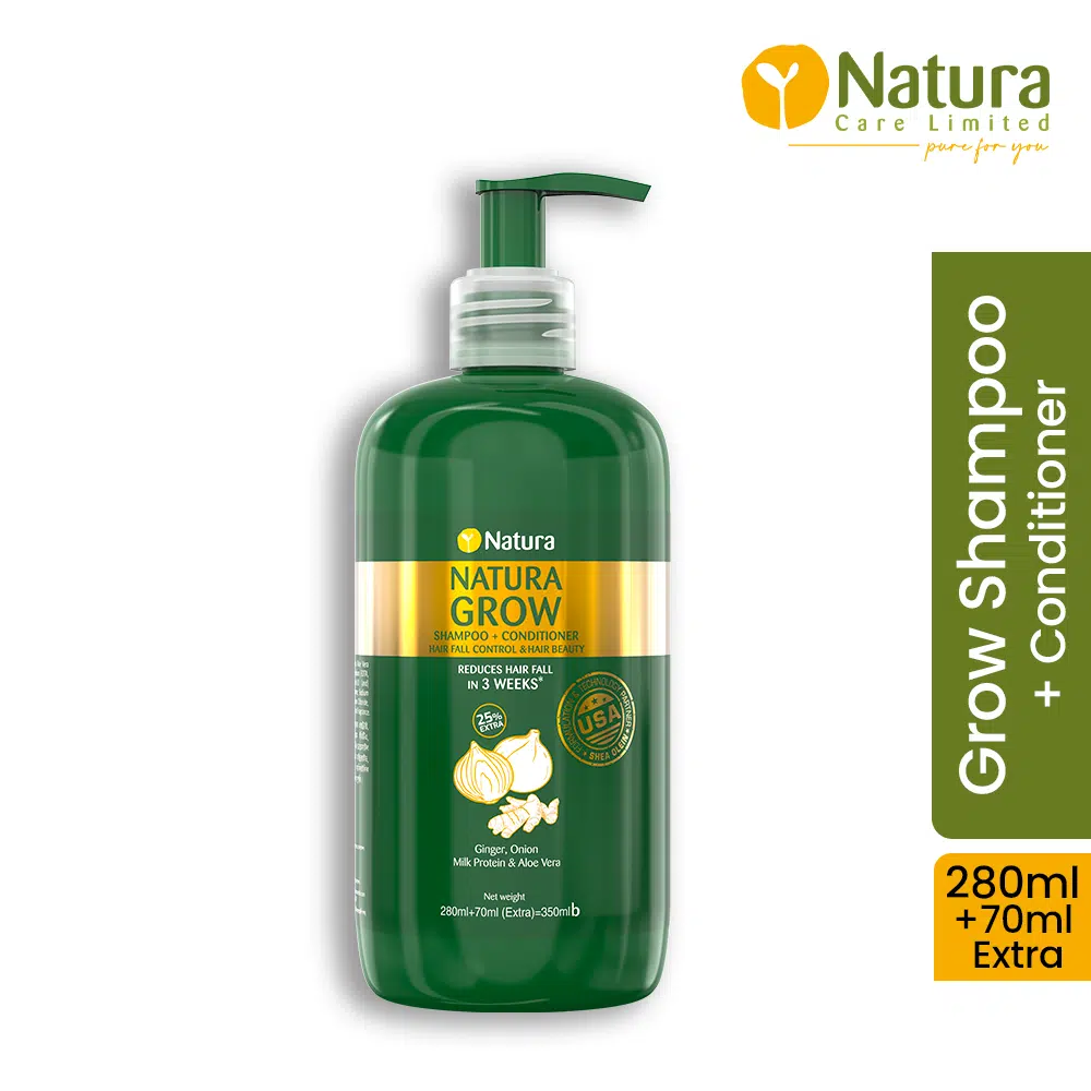 Green Natura Grow Shampoo + Conditioner 350ml bottle with white pump cap, standing upright. - thumbnail