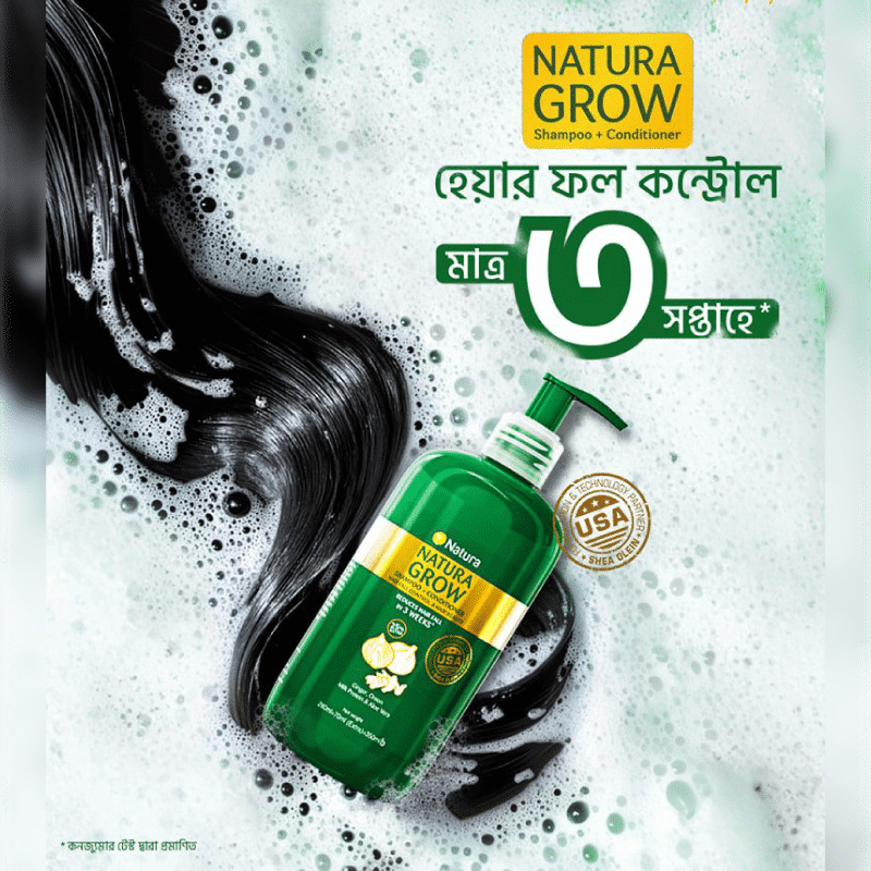 Close-up of Natura Grow Shampoo bottle's white pump dispenser with green neck. - thumbnail