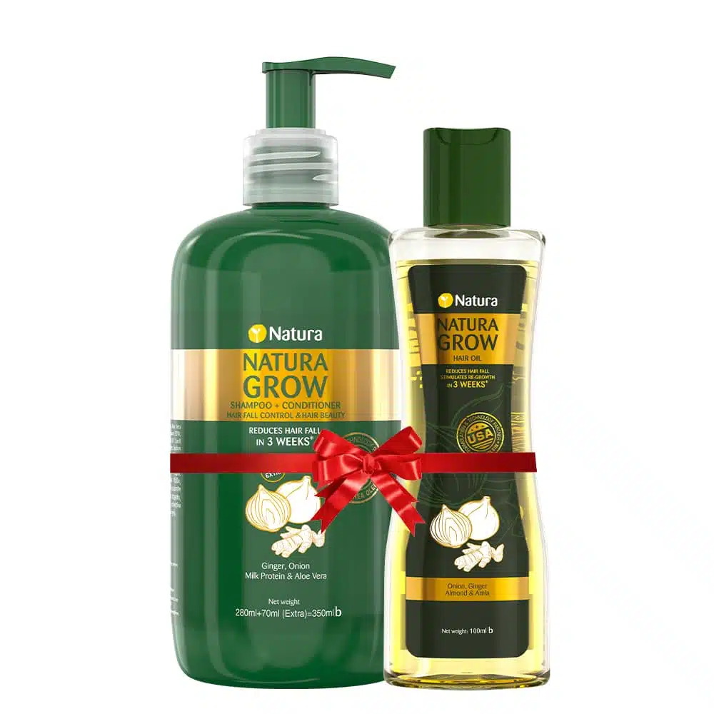 Natura Grow 450ml shampoo (green) and hair oil (white) combo pack, front view. - thumbnail