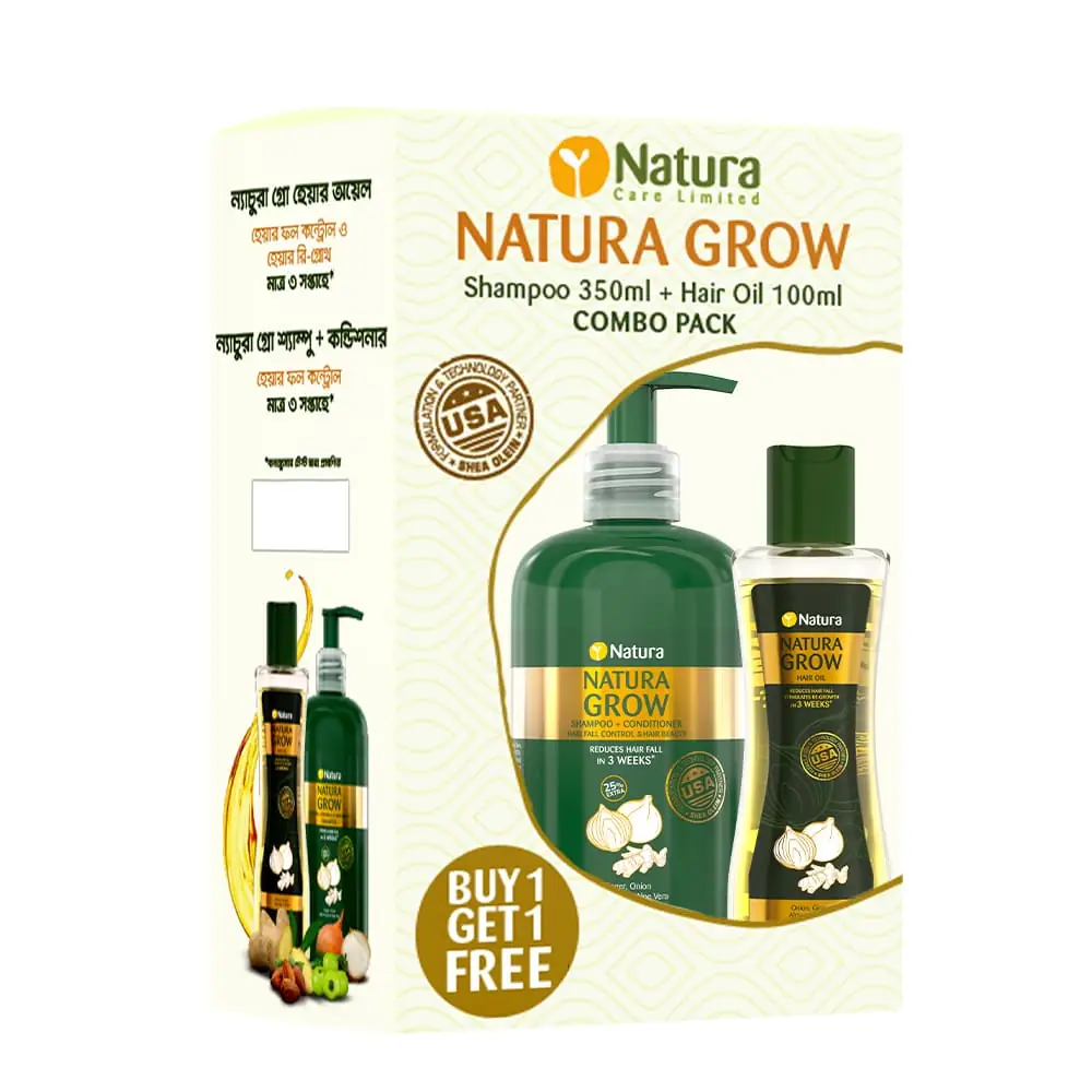 Hand demonstrating Natura Grow shampoo lather, with the green 450ml bottle in background. - thumbnail