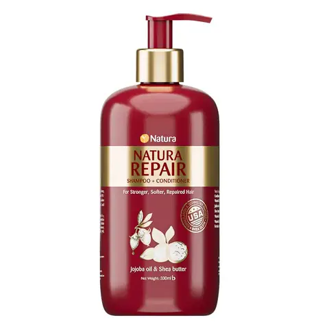 Two Natura Repair Shampoo and Conditioner 330ml peach bottles, with white pump dispensers.