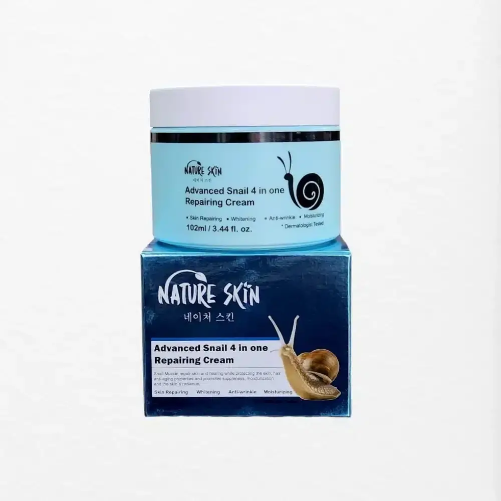 Angled view of Nature Skin Advanced Snail 4 in 1 Cream white jar, featuring gold lid. - thumbnail