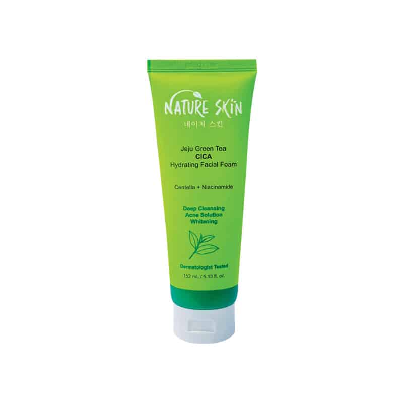 Nature Skin Jeju Green Tea CICA Hydrating Facial Foam in its vibrant green tube, standing clearly. - thumbnail