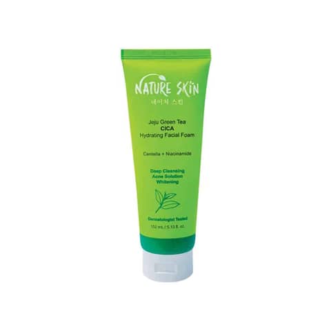 Nature Skin Jeju Green Tea CICA Hydrating Facial Foam in its vibrant green tube, standing clearly.