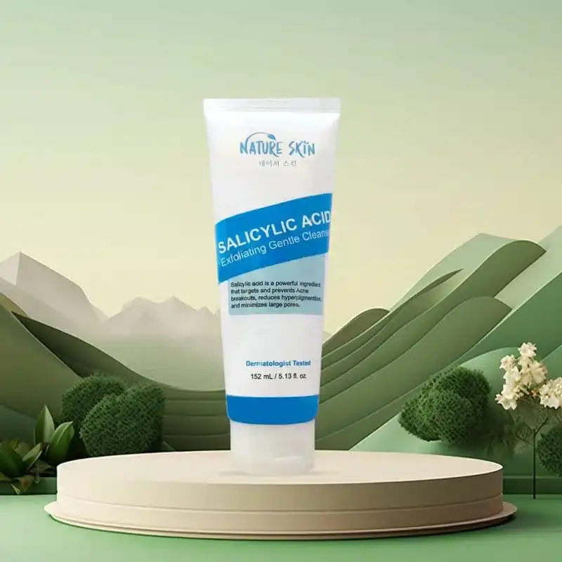 Nature Skin Salicylic Acid Cleanser bottle alongside dispensed white foam on fingertips. - thumbnail