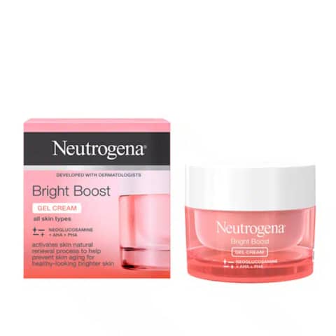 Neutrogena Bright Boost Gel Cream in a pink iridescent jar with silver lid, 50ml.