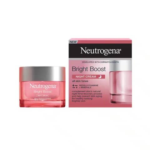 Neutrogena Bright Boost Night Cream 50gm in a shimmering pink jar with metallic lid on white.
