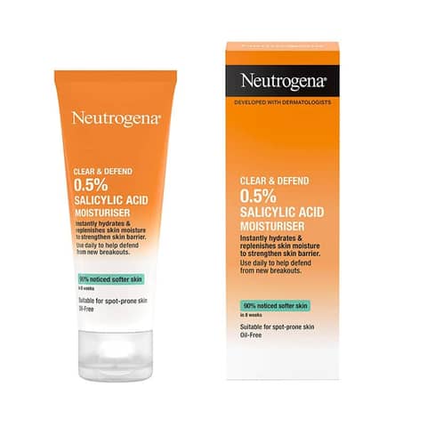 Neutrogena Clear & Defend 50ml oil-free moisturizer white tube with a dark blue cap, front view.
