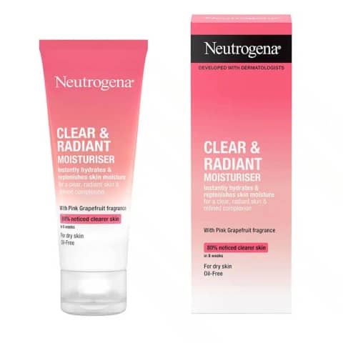 Neutrogena Clear & Radiant oil-free facial moisturiser in a white and blue 50ml tube, standing upright.