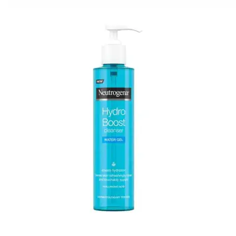 Neutrogena Hydro Boost Water Gel Cleanser in a light blue pump bottle, 200ml size, standing upright.