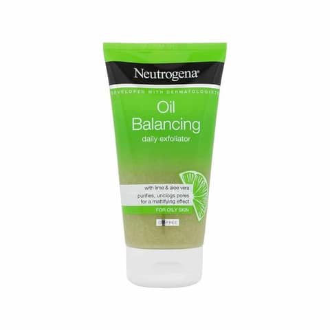 Full Neutrogena Oil Balancing Daily Exfoliator 150ml tube, white packaging, blue flip-top cap, angled view.
