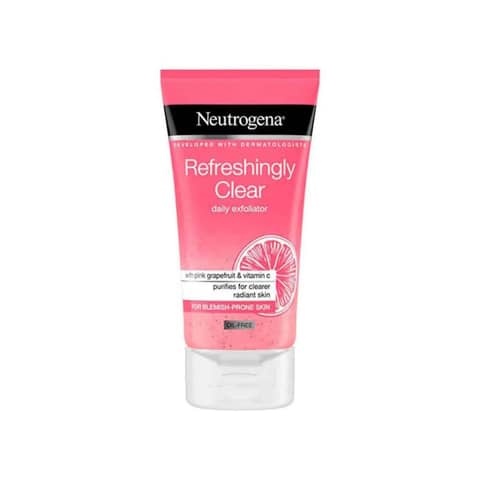 Neutrogena Refreshingly Clear Daily Exfoliator 150ml in a white and turquoise tube, standing upright.