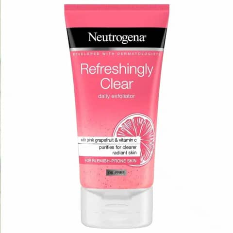 Neutrogena Refreshingly Clear Daily Exfoliator, white 150ml tube with blue cap, front view.