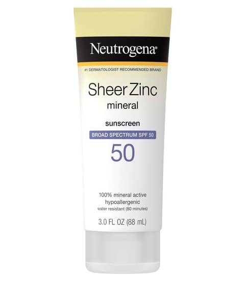 Neutrogena Sheer Zinc Dry-touch SPF 50 sunscreen in a standing white tube with a blue cap.