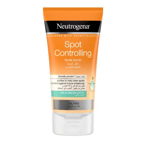 Neutrogena Spot Controlling Facial Scrub 150ml white tube with blue cap, displayed front-facing.