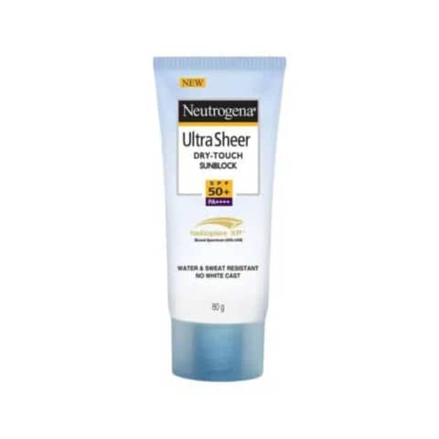 Neutrogena Ultra Sheer Dry Touch Sunscreen SPF 50+ white tube with orange cap, standing.