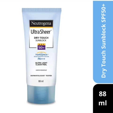 White Neutrogena Ultra Sheer Dry-Touch Sunscreen SPF 50+ tube with blue cap, front angle.