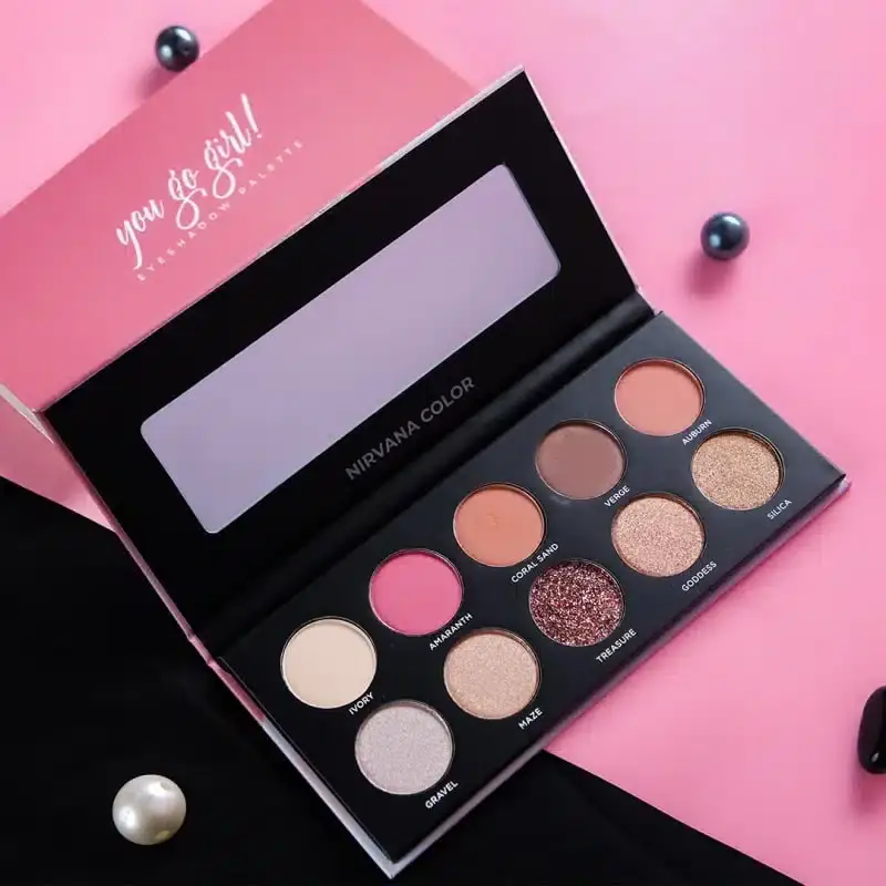 Open Nirvana Color "You Go Girl" palette, revealing 15 distinct matte and shimmer eyeshadow colors. - thumbnail
