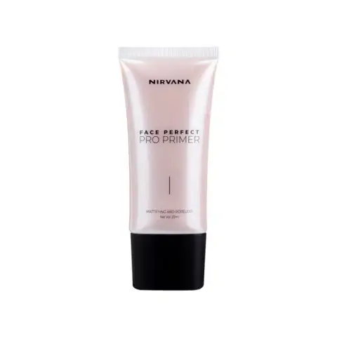 Nirvana Color Face Perfect Pro Primer 20ml tube, white and rose gold, standing upright for mattifying makeup.