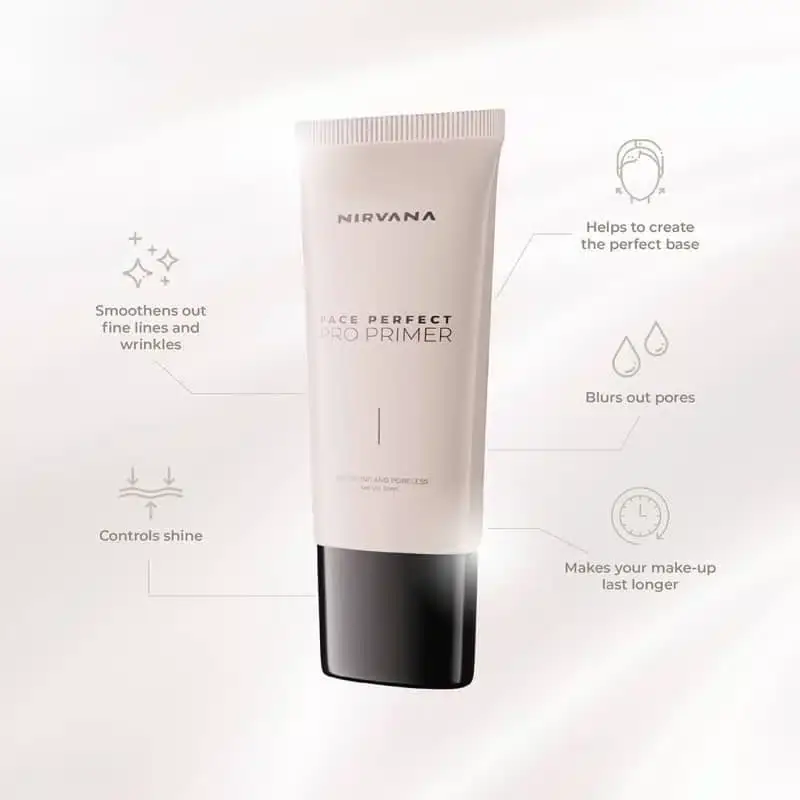 Close-up of Nirvana Face Perfect Pro Primer tube held, showing clear gel texture swatch on fingertip. - thumbnail