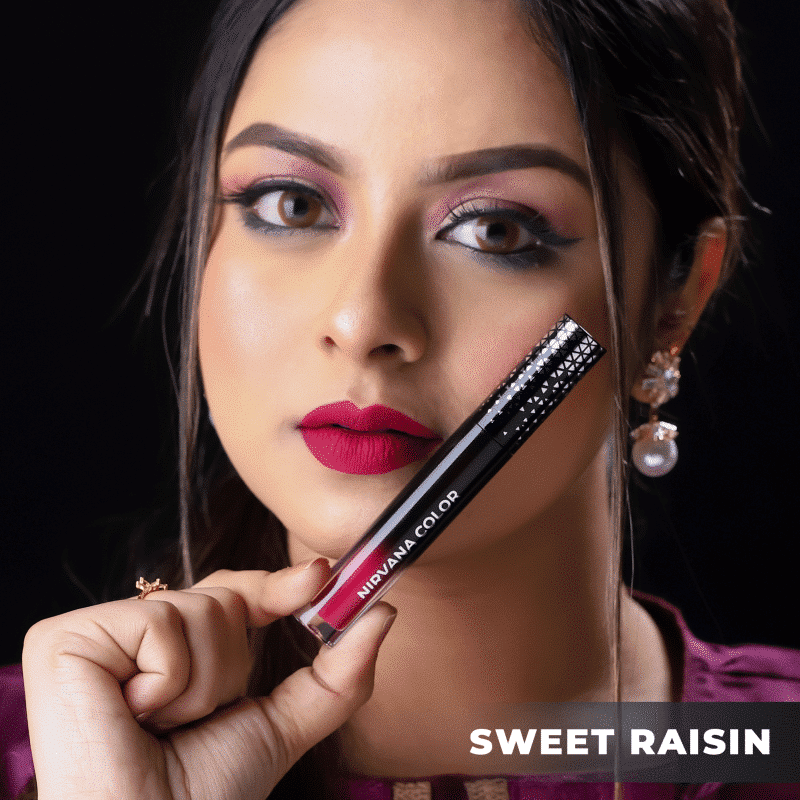 Close-up of Nirvana Color Liquid Matte Lipstick Sweet Raisin applicator, rich matte texture. - thumbnail