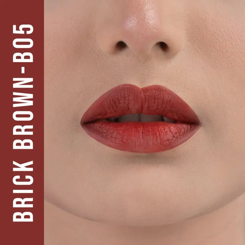 Rich swatch of Nirvana Color B05 Brick Brown matte lipstick applied on skin. - thumbnail